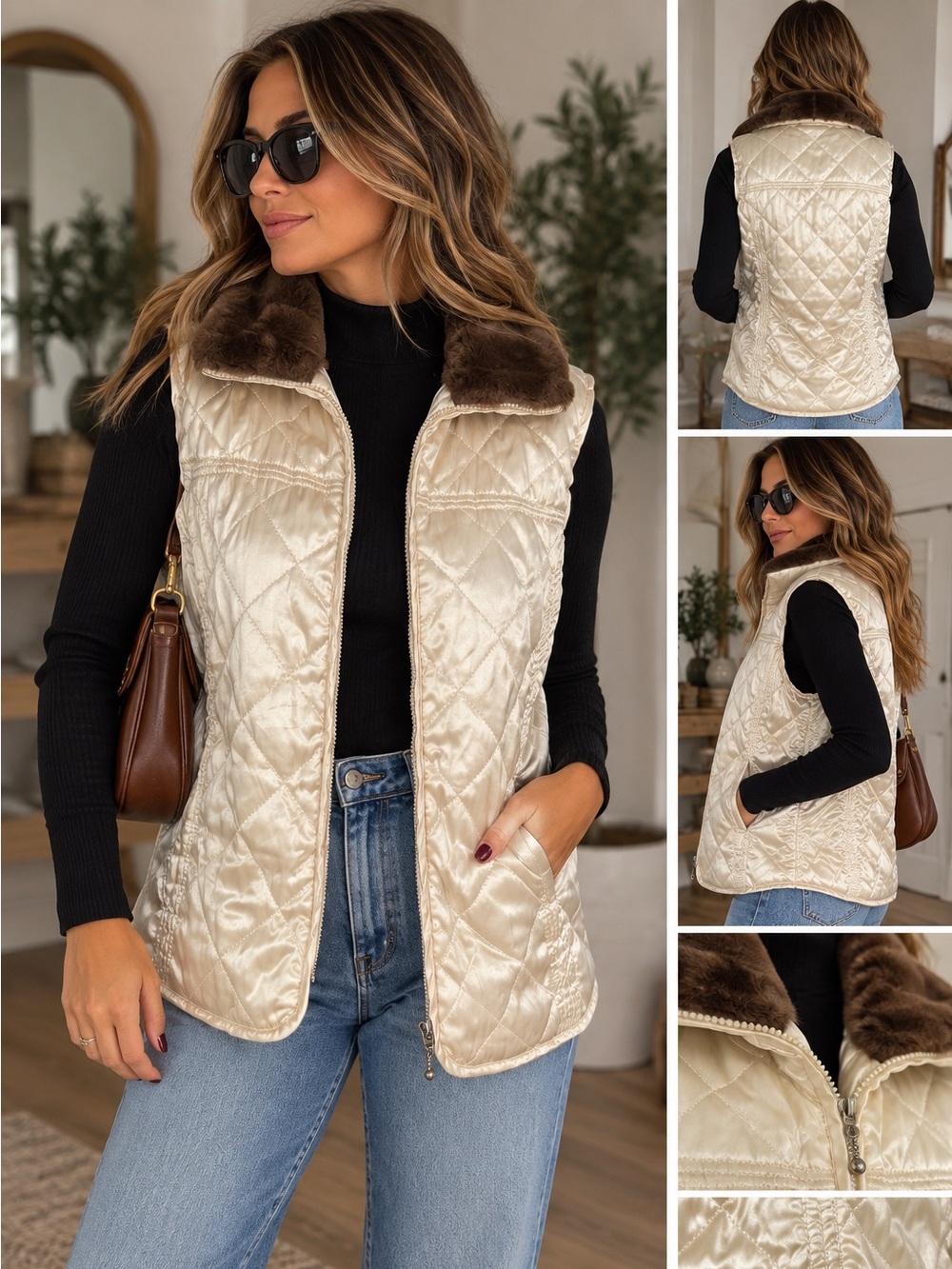 Covington Quilted Faux Fur Collar Vest in Cream Like New